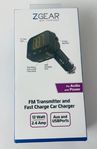 ZGear FM Transmitter and Fast Charging Car Charger 12 watt 2.4 amp Aux & USBport