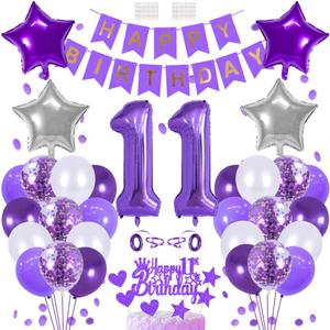 11 Birthday Decoration Happy Birthday Banner Balloons Garland Cupcake Toppers Purple Number 11 Helium Balloon Birthday Decorations for 11 Year Old Boy Girl Birthday Party Supplies Photo Backdrop