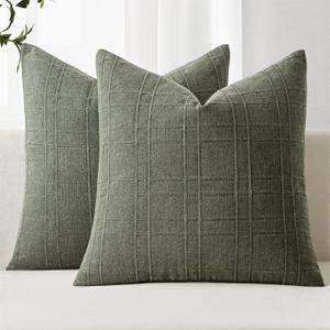 MIULEE Decorative Linen Check Euro Shams Throw Pillow Covers Neutral Farmhouse Vintage Spring Pillow Covers 22x22 Set of 2 Boho Modern Home Decor for Sofa Couch Bedroom Cushion Olive Green
