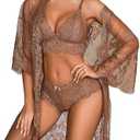 Avidlove Women Sexy Lingerie Set 3 Piece Bra and with Panty Lace Kimono Robe Sheer Sleepwear, L