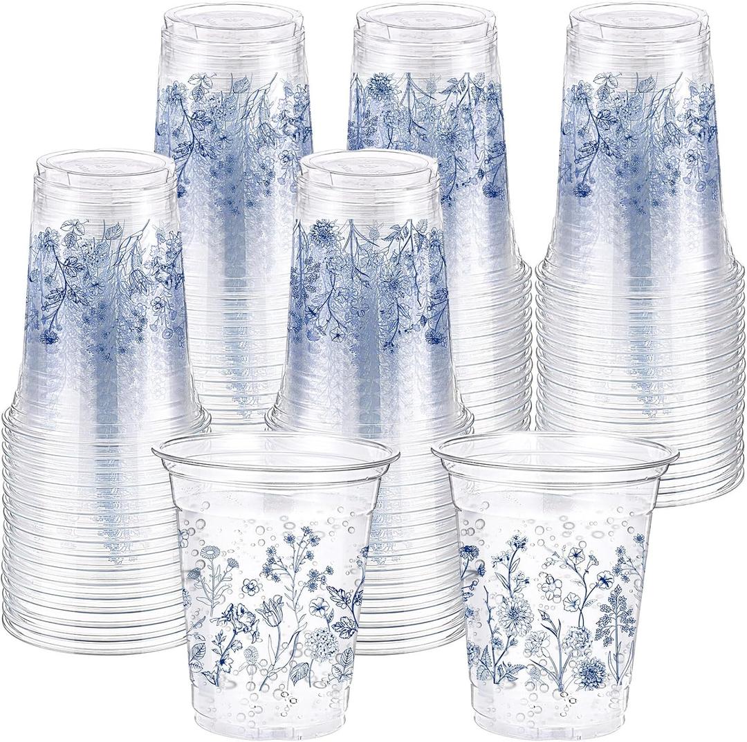 Hushee 60 Pcs Floral Cups with Spring Summer Fall Flower 16 oz Wildflowers Plastic Disposable Drinking Cups for Summer Spring Autumn Birthday Baby Shower Party Supplies(Blue Floral)