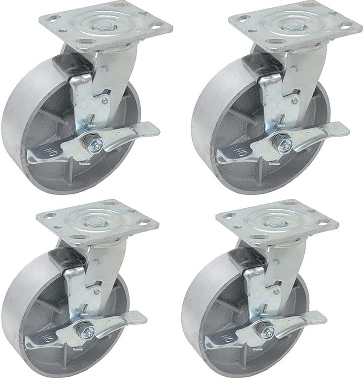 6 inch x 2 inch STEEL Heavy Duty Industrial Casters, 4 Swivel Top Lock Brake Top Plate Casters, 4800 LBS Load Capacity (4-PACK) - ICON 6600 SERIES