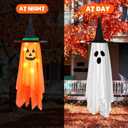 Halloween Decorations, 2 Pack Pre-Installed Lighted Pumpkin Ghost Witch Halloween Decor, Outdoor/Indoor Cute Hanging Decorations Ornaments for Party Wall Yard Tree Porch Home Lawn (Orange and White)