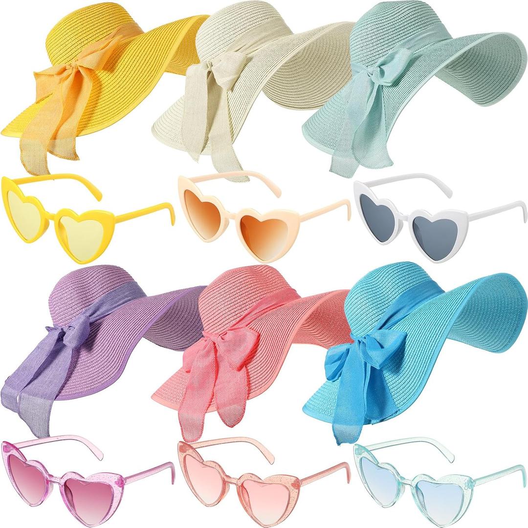 Jeyiour 12 Pcs Women Floppy Sun Hat and Heart Sunglasses Set, Wide Brim Straw Hats with Bow, Tea Party & Beach Pool Favors
