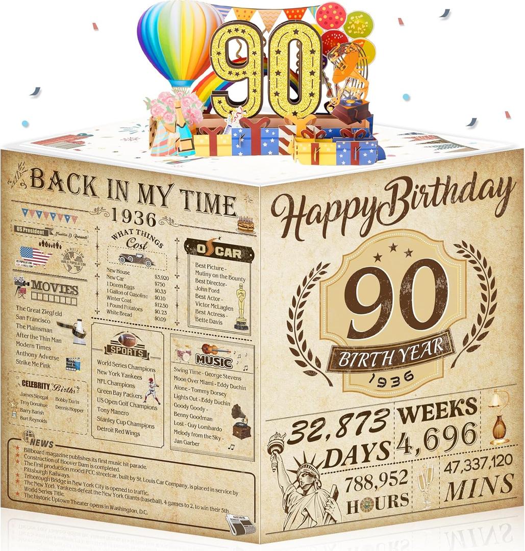 90th Birthday Card for Men Women, Funny 3D Pop Up 90th Birthday Gifts for Grandma Mom Dad, Back In 1936 Happy 90 Year Old Birthday Decorations Cards for Her Him, Classy Vintage
