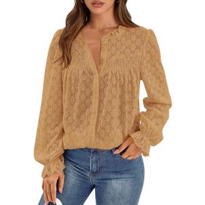 PRETTYGARDEN Lace Long Sleeve Shirts Casual Button Down Going Out Tops Hollow Out Eyelet Blouses 2026 Spring Fashion Clothing (Khaki,Large)