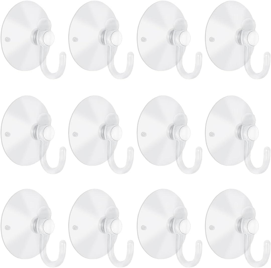 12 Pieces Small Suction Cups with Hooks 1.2 inch Clear Plastic Sucker Hooks for Glass Window Wall Festivals Parties Theme Carnival Decoration Door Bathroom Kitchen