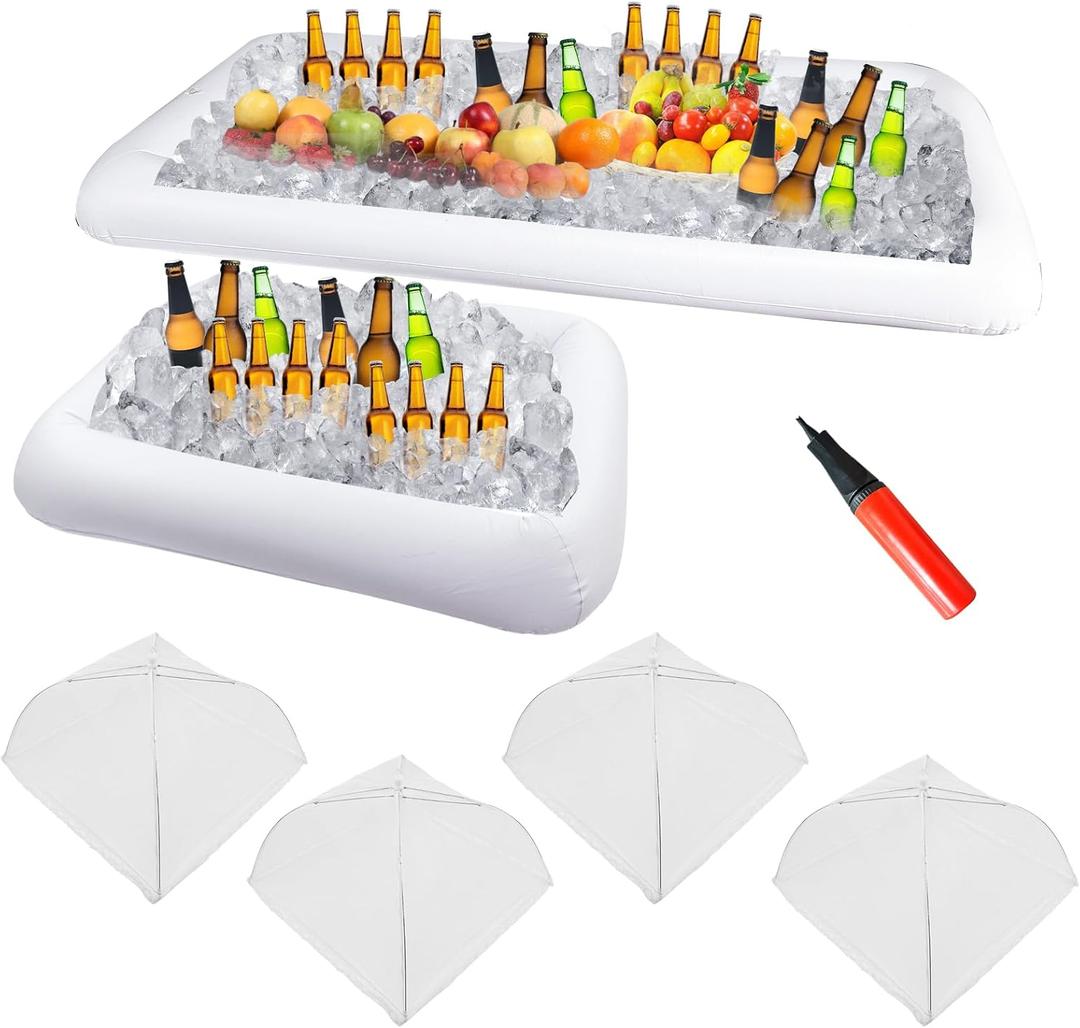 2 Pieces Inflatable Serving Bar 4 Pcs Food Umbrella Mesh Cover Tent Set Cold Food Buffet Server for Salads Beverages Ice Picnic Summer Pool Bar Outside Party Supplies