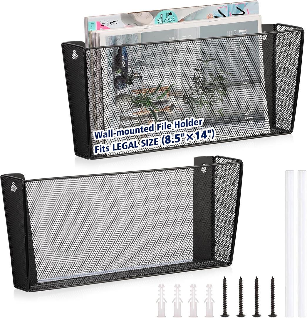 2 Pack Legal Size Wall Amount Pocket File Holder Metal Mesh Hanging Wall File Organizer Black Single File Pocket Wall Mounted Mail Organizer Magazine Rack for Office Home School 15.7" L x6.9" Wx3.4" H