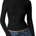 QINSEN Women's Sexy Open Back Long Sleeve Shirts High Neck Double Lined Tees Fitted Going Out Tops (Medium, Black)