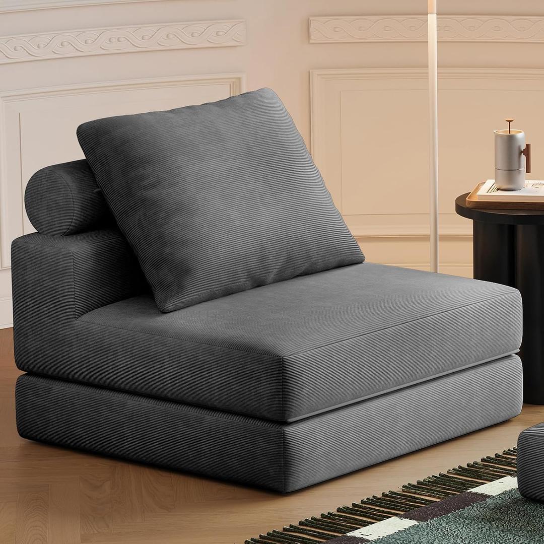 Folding Sofa Bed, 3-in-1 Convertible Sleeper Chair Bed with Pillows, Foldable Floor Couch with High-Density Foam, Futon Small Boneless Couch for Living Room Bedroom Lounge, Single, Gray