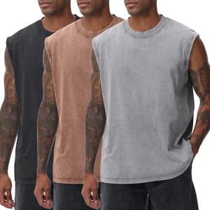 Mens Workout Tank Tops Sleeveless Tee Shirts Men Muscle Shirt Gym Acid Wash T Shirts Running Beach Loose Fit Tee (Large, Black+grey+coffee)