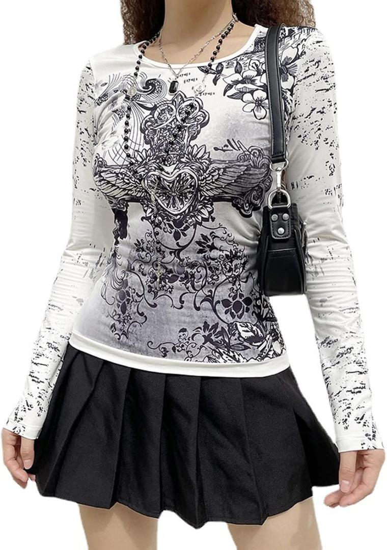 Grunge Clothes for Women Y2K Tops Long Sleeve Fairy Grunge Aesthetic Shirts Teen Girls Vintage Graphic Tees Fall (White, XL)