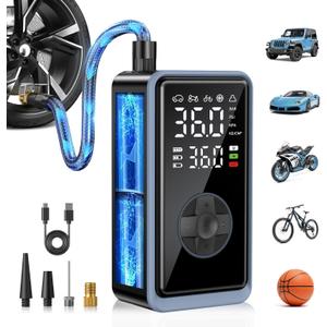 Tire Inflator Portable Air Compressor - 150PSI Cordless Air Pump for Car Tires, Portable Tire Inflator for Car, Air Compressor with Pressure Gauge/LED Light for Auto/Bike/Motorcycle/Ball (Dark Black)