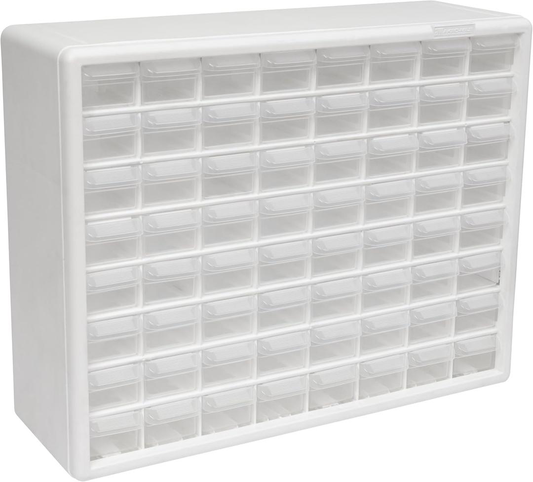 Akro-Mils 64-Drawer Plastic Drawer Storage Cabinet for Garage Organization, Bead Organizer, Building Bricks Storage, Teacher Toolbox, Makeup Organizer, 20" W x 6" D x 16" H, 10164 White
