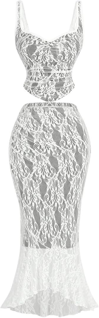 SOLY HUX Women's Floral Lace Skirt Set 2 Piece Sleeveless Top and Bodycon Fishtail Skirts Summer Coquette Outfits (Black and White), Size: S