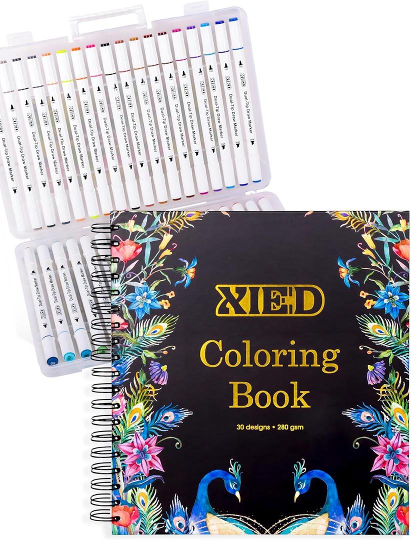 36 Colors Alcohol Markers & Coloring Book for Adults to Relax and Relieve Anxiety, Stress Free Adult Coloring Book with Markers included 30 Themes Designs