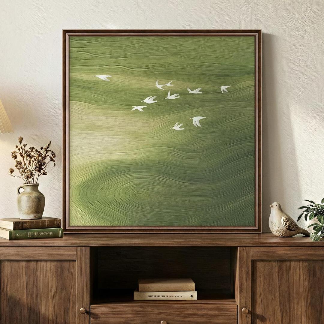 Vintage Framed Green Abstract Wall Art, Modern Minimalist Sage Green Canvas Prints Artwork for Walls, Rustic Square Birds Pictures for Living Room Bedroom Dining Room Bathroom Wall Decor, 24x24 In