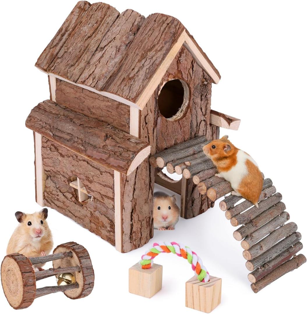 Natural Wooden Hamster Tunnel Playground Small Animal MultiRoom Hideout Houses with Climbing Ladders and Bridges for Dwarf Hamster Mice Gerbil (18.5x8.7x6in)