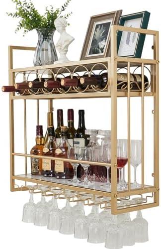 Keslecy Wall Mounted Wine Rack with Glass Holder Storage, Metal Floating Bar Liquor Shelves, Wine Bottle Display Rack (Gold)