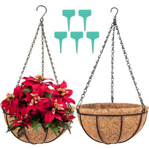 Wizdar 2PCS Metal Hanging Planters Basket with Coco Coir Liner 16 Inch Round Wire Plant Holder Porch Decor Flower Pot Hanger Garden Decor Watering Hanging Baskets