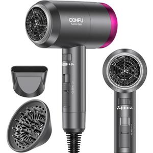 CONFU Ionic Blow Dryer 1600W, Portable Lightweight Fast Drying Negative Ion Hairdryer Blowdryer, 3 Heat Settings & Infinity Speed, with Diffuser and Concentrator Nozzle for Home & Travel, Grey