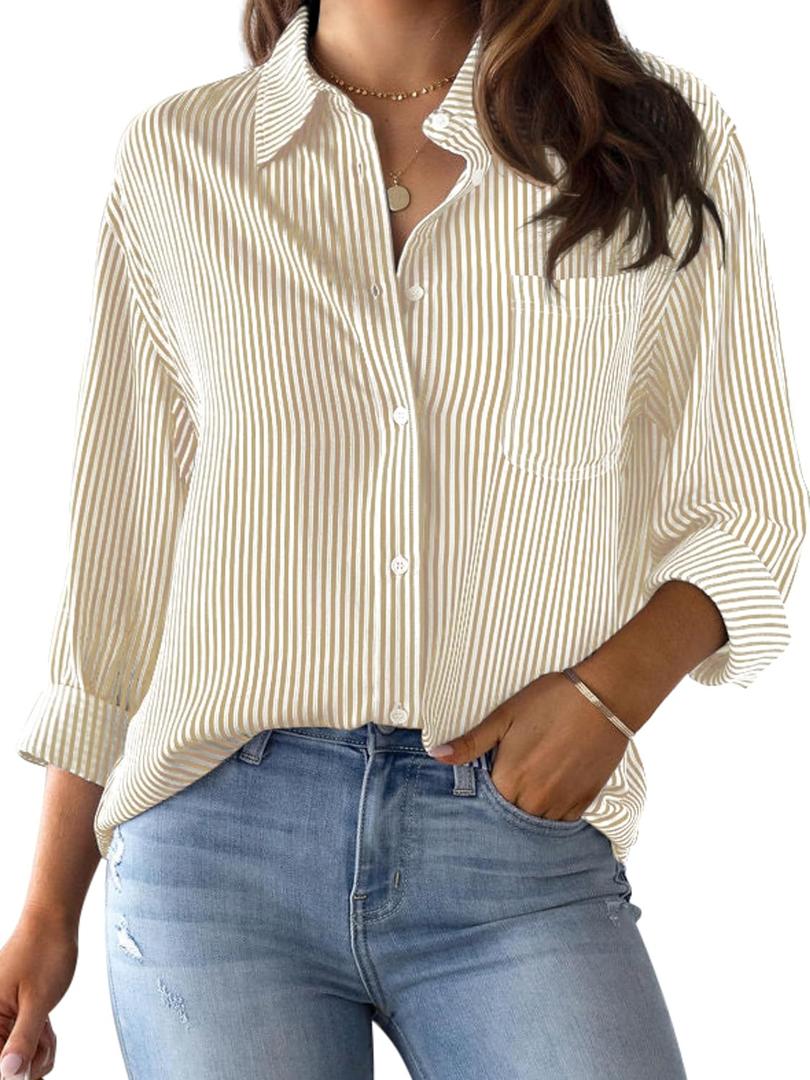 CUNLIN Khaki Shirt Women for Striped Blouse and White Oversized Button Down Shirts Womens Tops Dressy Casual Vertical Khaki Size S