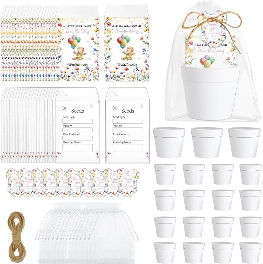 gisgfim 25 Sets Baby Shower Favors for Guests Bulk Include A Little Wildflower Is on the Way Seed Packets Flowerpot Thank You Tags Hemp Ropes for Wildflower Baby Shower Party Favors Seed Envelopes