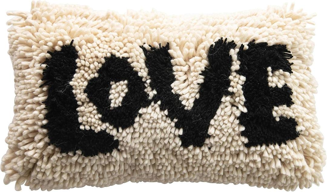 Creative Co-Op Woven Wool Shag Lumbar Pillow with Love Design, Black and Cream, 24 inches x 14 inches x 14 inches
