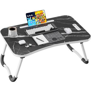 Folding Lap Desk, 23.6 Inch Wood Laptop Bed Desk with Cup Holder, Portable Bed Table for Working Writing Reading & Eating for Bed, Sofa, Couch, Floor - Dark Black