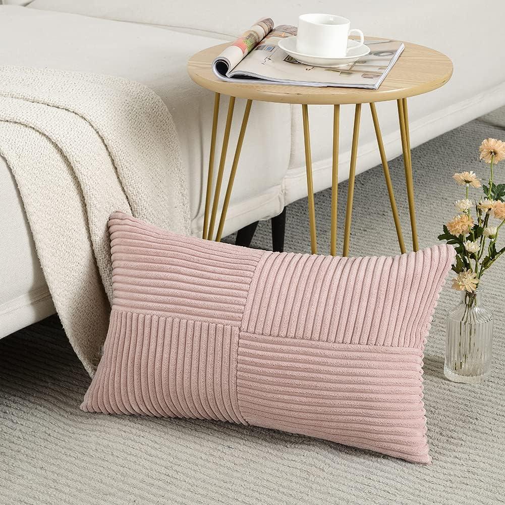Fancy Homi Blush Pink Lumbar Decorative Throw Pillow Covers 12x20 Inch for Living Room Couch Bed, Rustic Farmhouse Boho Home Decor, Soft Striped Corduroy Rectangle Accent Cushion Case 30x50 cm