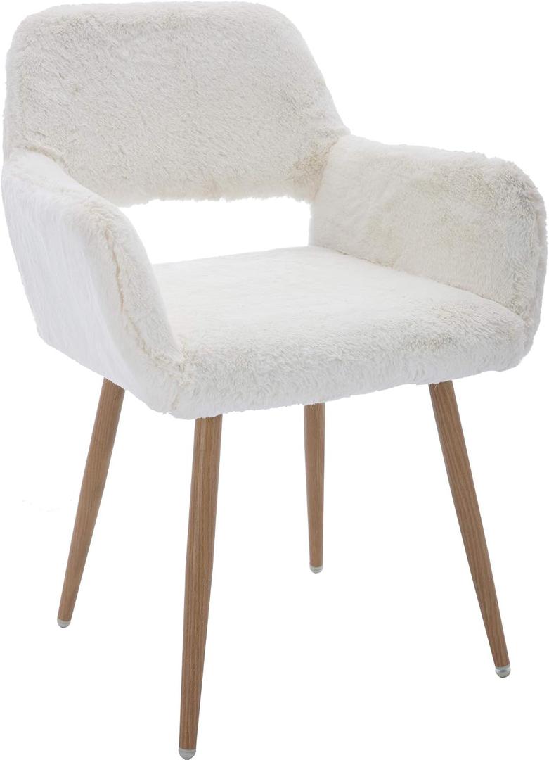 KCC Furry Desk Chair, Mid-Century Modern Accent Comfy Armchair with Faux Fur for Teen Girls, Wood Look Metal Legs Living Dining Room, Home Vanity Makeup Office No Wheel, White., 1 Pc