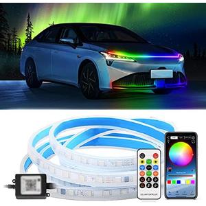 Chemini Car LED Hood Light Strip,60-Inch 12V RGB Multicolor LED Hood Light Strip with APP & Remote Control, Flexible Waterproof Exterior Daytime Running Lights for SUV,Truck,Car-1Pcs