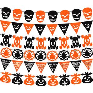 6PCS Felt Halloween Banner with Skull Evilface Skeleton Spiderweb Pumpkin Triangular Indoor Outdoor Hanging Banner DIY Happy Halloween Decor Orange and Black Decor for Wall Mantle Classroom
