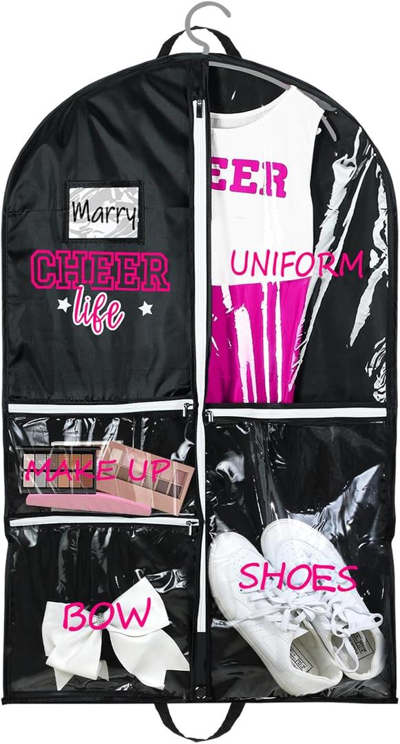 Cheer Garment Bags for Cheerleading Uniform Waterproof Hanging Garment Bags for Dance Costumes 40 Inch Clothes Bag with 5 Pockets and Side Zip Travel Storage Cheer Uniform(Black,Rose Red)