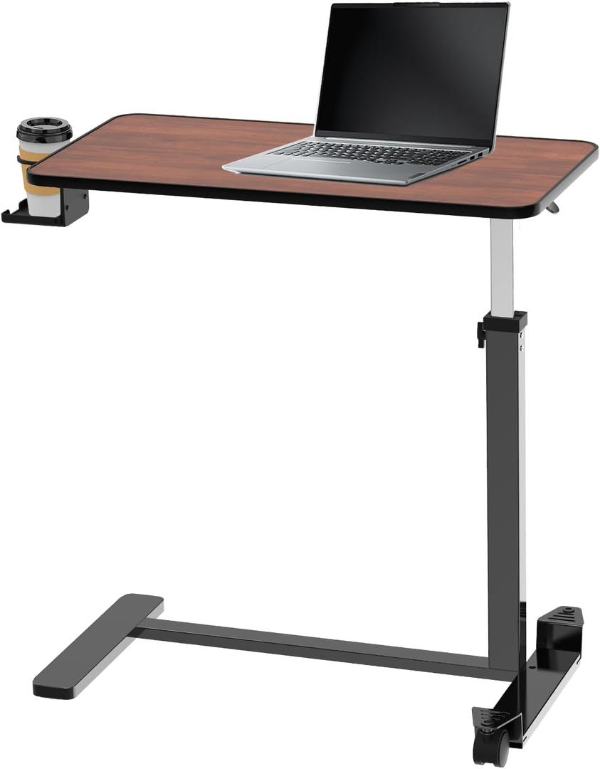 Adjustable Overbed Table with Invisible and Lockable Wheels Bedside Table with Cup Holder Standing Desk for Medical or Home Use Walnut Color30.3" W x 15.3" D