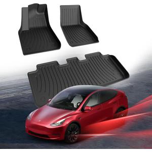 Carbon Fiber Floor Mats for Tesla Model Y 2021 2022 2023 2024 2025, All Weather Protection TPE Car Mats Custom Car Liners Accessories, Front & 2nd Row Floor Liners Set