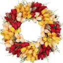 Vlorart Tulip Wreath for Front Door, 23 Inch Artificial Spring Summer Wreaths for Outside All Season with Green Leaves and Red Flowers, Door Wreath for Farmhouse and Wedding Party Outdoor Decor