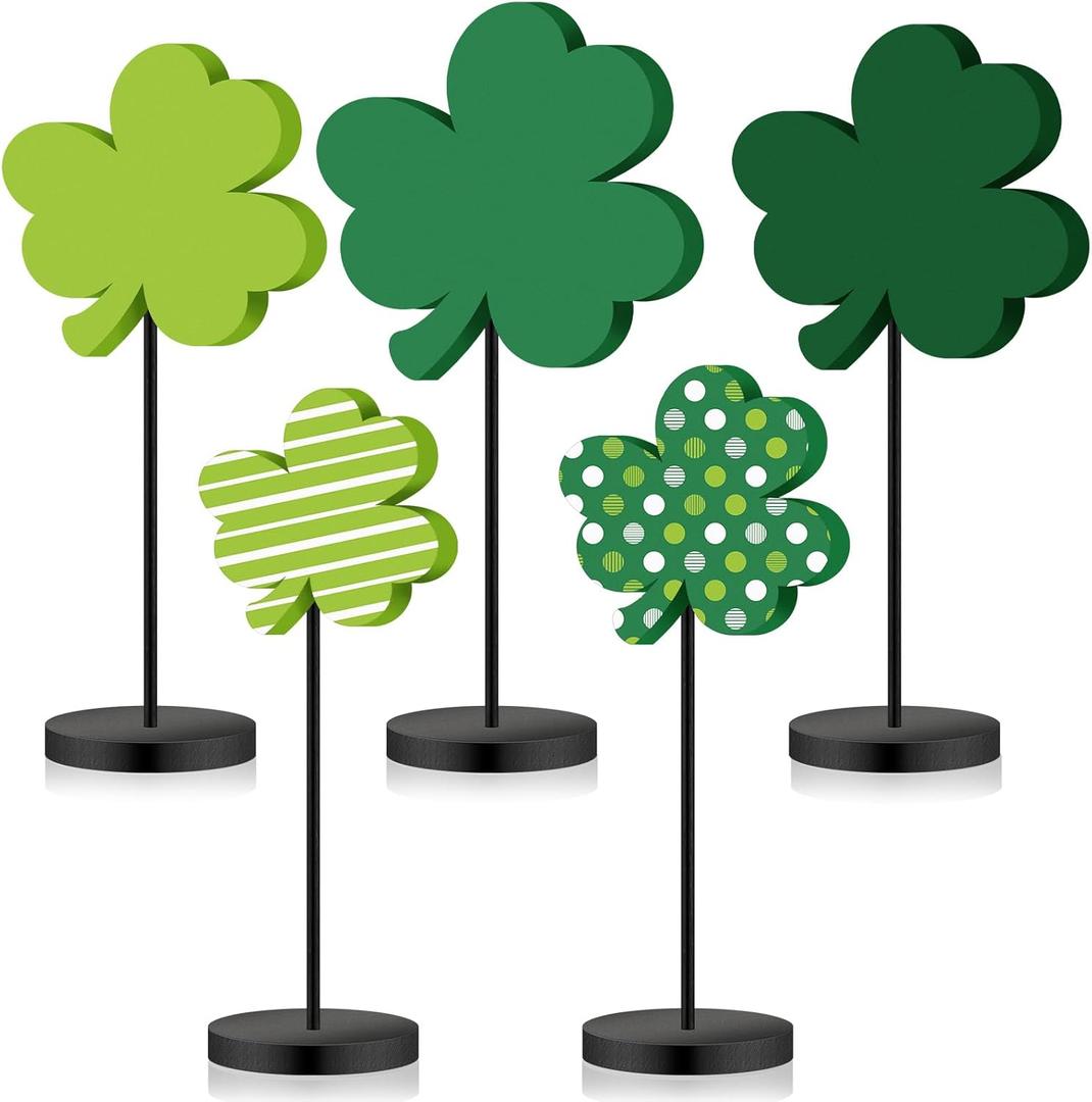 Wenqik 5 Pcs St Patrick's Day Decorations Irish Wood Shamrock Tabletop Decor Green Lucky Clover Block Sign Tall Standing Freestanding St Patricks Centerpiece for Table Home Party (2018-2022 LX (Rear Row Solid Backrest))