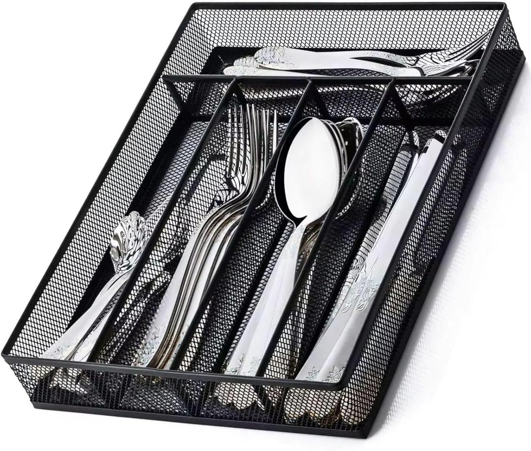 titivate Kitchen Cutlery Tray, Silverware Tray for Drawer with 5 Compartments Storage, Utensil Drawer Organizer Mesh Flatware Silverware Holder for Forks/Knives/Spoons (Black)