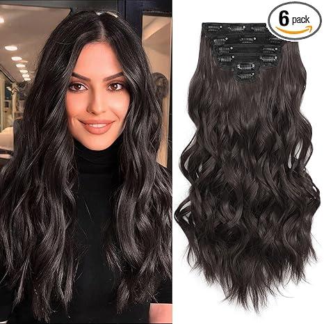 Fliace Synthetic Clip in Hair Extensions, 6 PCS Natural & Soft Hair & Blends Well Hair Extensions, Dark Brown Long Wavy Hairpieces(20inch, 6pcs, Dark Brown)