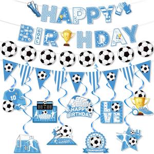 Blue Soccer Birthday Party Decorations for Boys Men Soccer Happy Birthday Banner Soccer Ball Garland Bunting Banner Sign and 9pcs Soccer Hanging Swirl Decor for Kids Adult Sports Theme Party Supplies