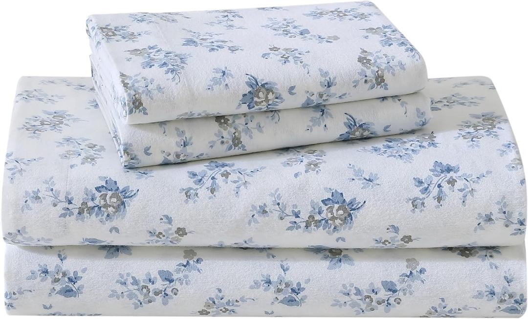 Laura Ashley - Twin Sheets, Cotton Flannel Bedding Set, Brushed for Extra Softness & Comfort (Audrey Grey, Twin) (Queen)