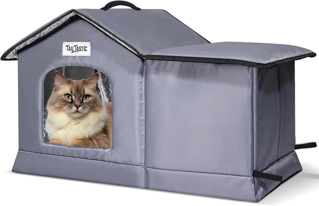 Outdoor Cat House Weatherproof & Insulated for Winter - Upgraded Seamless Bottom Feral Cat Shelter, Waterproof Cat Houses for Outdoor Cats, Easy to Assemble Outside Cat House with Mat(Grey, Large)