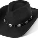 Women & Men Felt Western Cowboy Hat Classic Roll Up Brim Belt Buckle Cowgirl Fedora (M) (Black)