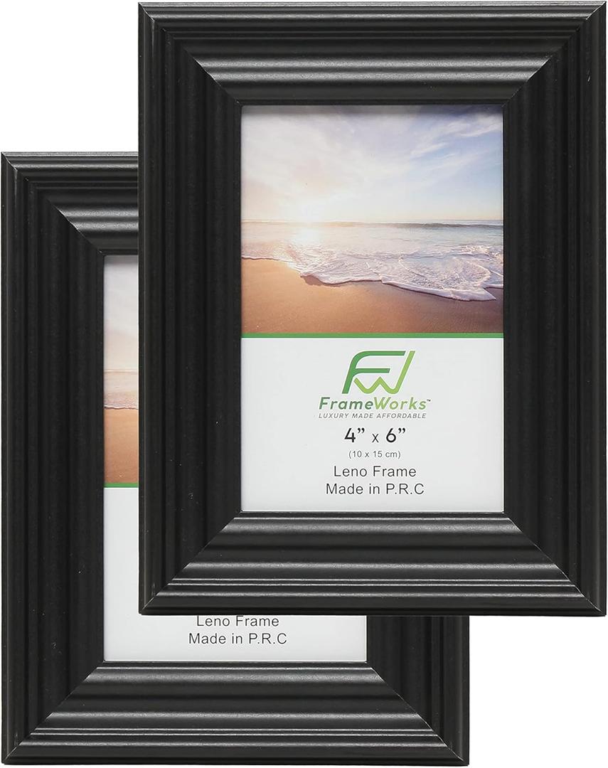 FrameWorks - 2-Pack - 4 x 6 Black Wooden Picture Frames with Luxury Wide Molded Edges and Tempered Glass