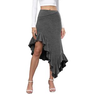 Yousify Womens Ruffle Midi Skirts Casual High Waisted Flowy Swing Boho Handkerchief Hemline Stretchy Asymmetrical Skirt (Small, Dark Grey)