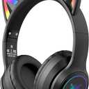 Cat Ear Bluetooth Headphones for Kids & Adults, 55H Play Time, Wireless Foldable & Wired Multi-Function LED Light Up Over Ear Headphones with Mic and Volume Control for iPhone/iPad/Laptop/PC, Black