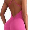 YEOREO Backless Tummy Control Jumpsuits for Women One Piece Workout Jumpsuits Sleeveless V Back Lizvette Scrunch Yoga Rompers (Medium, Rose Red)
