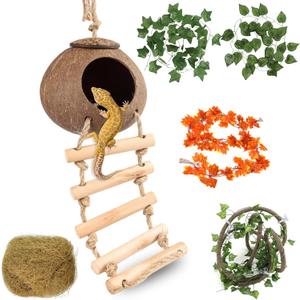 HERCOCCI Gecko Tank Accessories, Coconut Shell Ladder Hideout Hole Reptile Climbing Vine Habitat Decor with 3 Pieces Colorful Plastic Plants for Chameleon Lizard Snake Hermit Crab Leopard Gecko